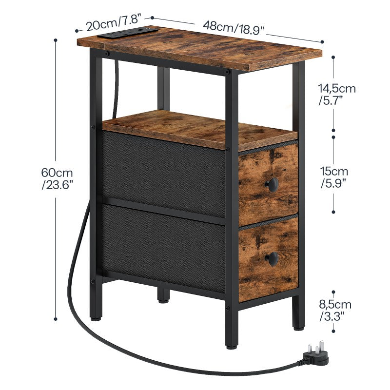 HOOBRO Slim Side Table with Charging Station, Industrial Bedside Table with LED Lights and 2 Fabric Drawers, Nightstand for Small Space, Bedroom, Living Room