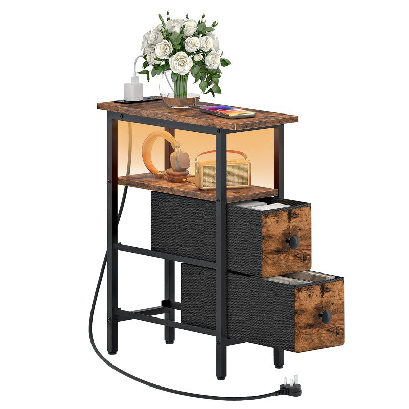 HOOBRO Slim Side Table with Charging Station, Industrial Bedside Table with LED Lights and 2 Fabric Drawers, Nightstand for Small Space, Bedroom, Living Room