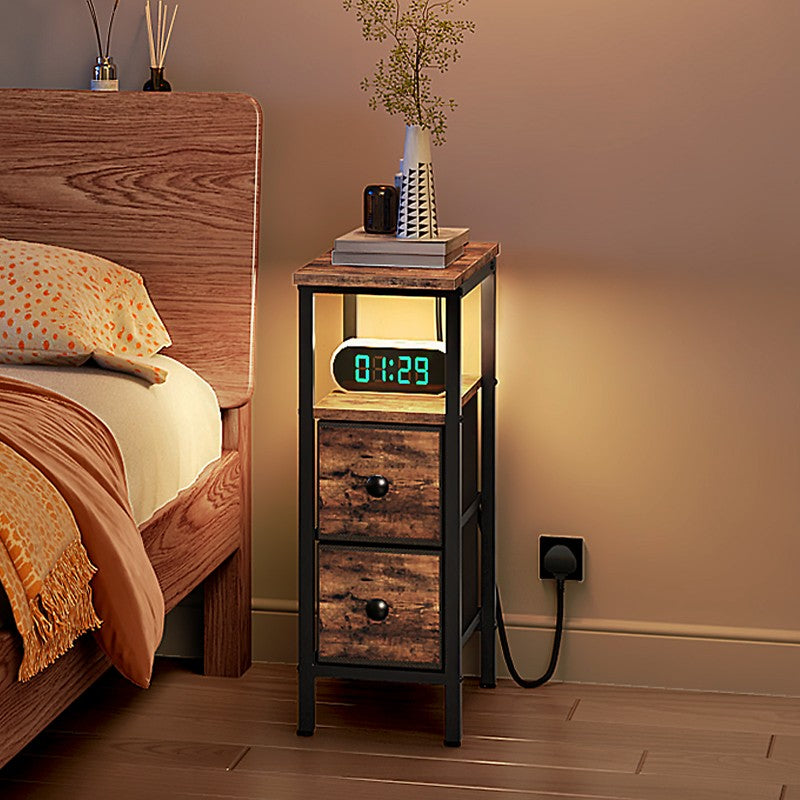 HOOBRO Slim Side Table with Charging Station, Industrial Bedside Table with LED Lights and 2 Fabric Drawers, Nightstand for Small Space, Bedroom, Living Room