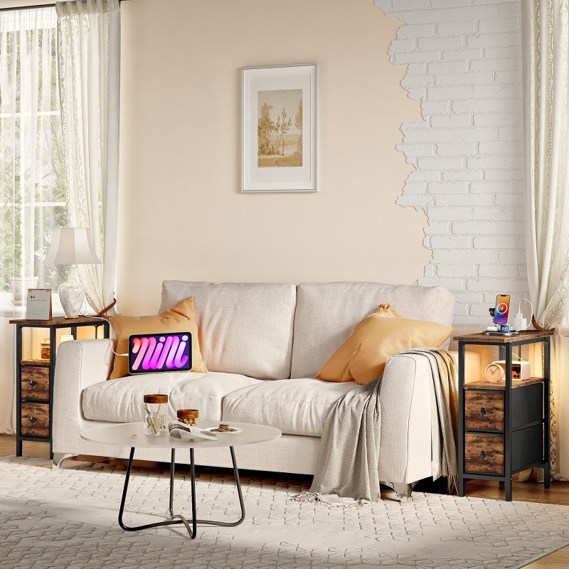 HOOBRO Slim Side Table with Charging Station, Industrial Bedside Table with LED Lights and 2 Fabric Drawers, Nightstand for Small Space, Bedroom, Living Room
