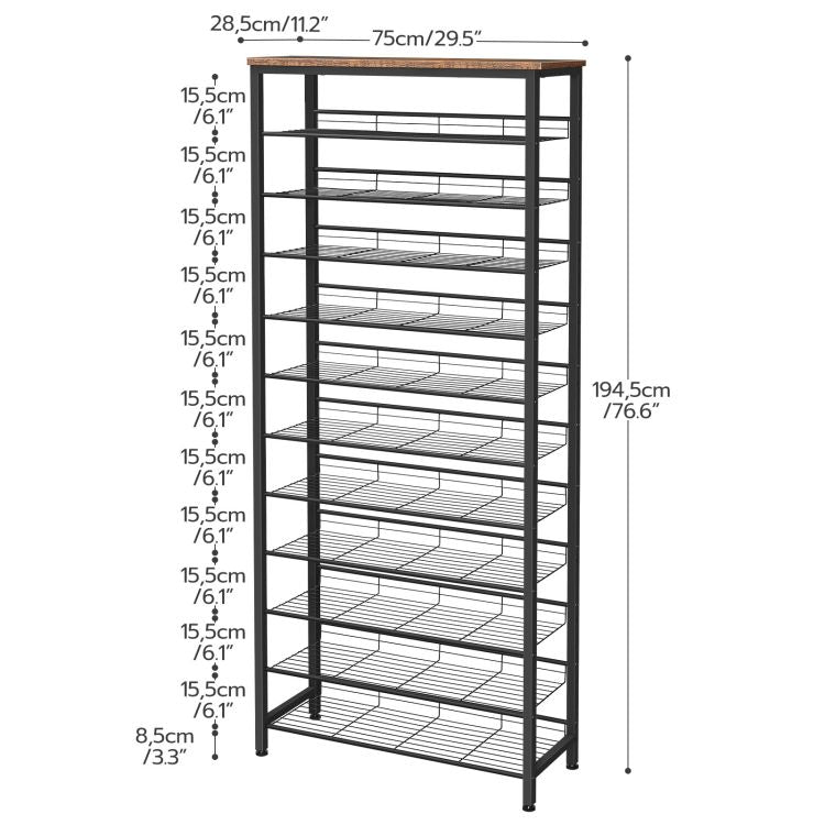 HOOBRO Tall Shoe Rack, Large Capacity Shoe Storage Organizer, 12-Tier Shoe Rack for 44-55 Pairs of Shoes, 75 x 28.5 x 194.5cm, Adjustable Metal Shelves, Shoe Storage Unit