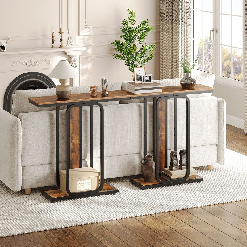 HOOBRO Console Table for Hallway Slim, Narrow Hallway Table, 2-Tier Industrial Sofa Table with Geometric-Styled Structure, for Living Room, Bedroom, Entryway, Foyer