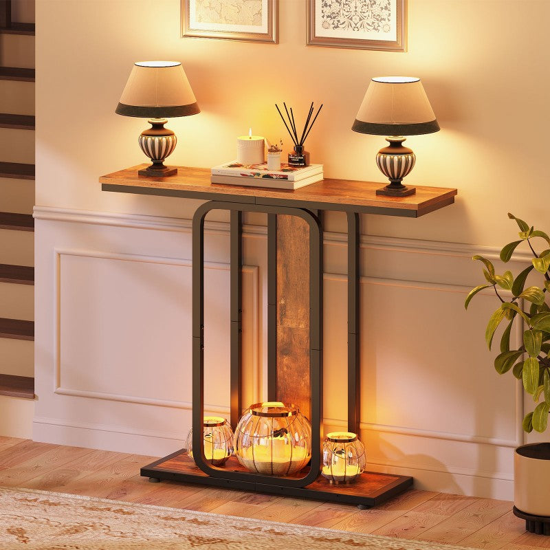 HOOBRO Console Table for Hallway Slim, Narrow Hallway Table, 2-Tier Industrial Sofa Table with Geometric-Styled Structure, for Living Room, Bedroom, Entryway, Foyer