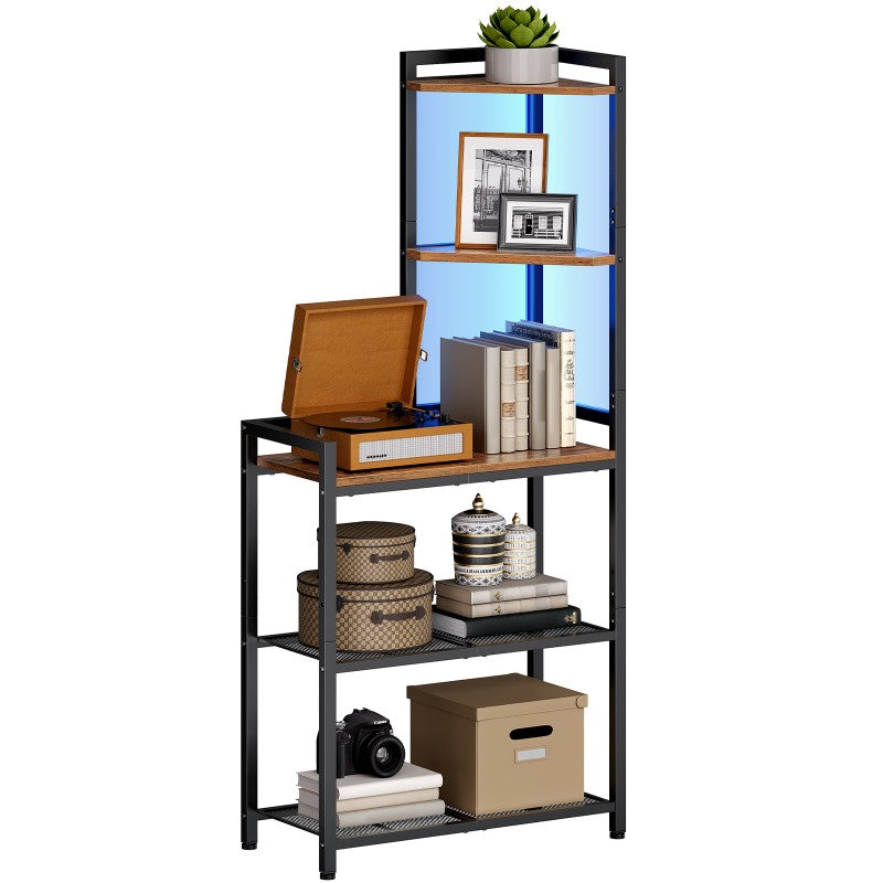 HOOBRO 5-Tier Corner Shelf, Corner Bookcase with LED Light Strip, Freestanding Storage Organizer with Adjustable Mesh Tier, Tall Storage Desk with Desktop Bookshelf