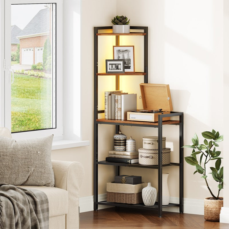 HOOBRO 5-Tier Corner Shelf, Corner Bookcase with LED Light Strip, Freestanding Storage Organizer with Adjustable Mesh Tier, Tall Storage Desk with Desktop Bookshelf