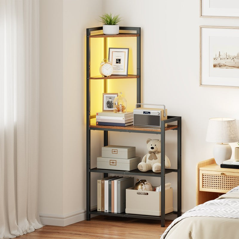 HOOBRO 5-Tier Corner Shelf, Corner Bookcase with LED Light Strip, Freestanding Storage Organizer with Adjustable Mesh Tier, Tall Storage Desk with Desktop Bookshelf