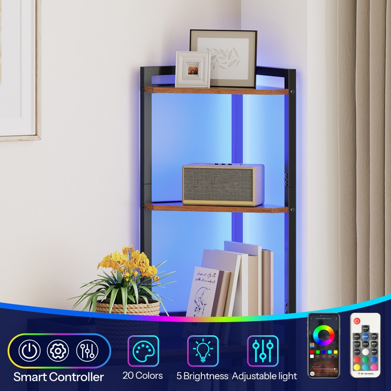 HOOBRO 5-Tier Corner Shelf, Corner Bookcase with LED Light Strip, Freestanding Storage Organizer with Adjustable Mesh Tier, Tall Storage Desk with Desktop Bookshelf