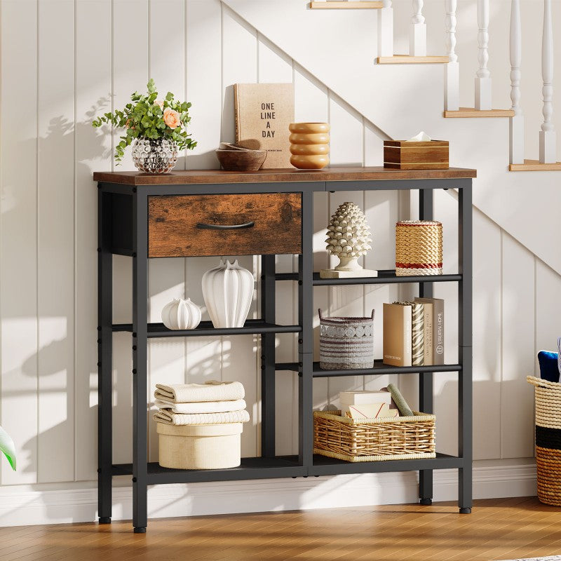 HOOBRO Console Table for Hallway Slim, Hallway Table with Drawer and 5-Tier Storage Shelves, 75 CM Narrow Console Table Behind Sofa, for Living Room, Bedroom, Foyer