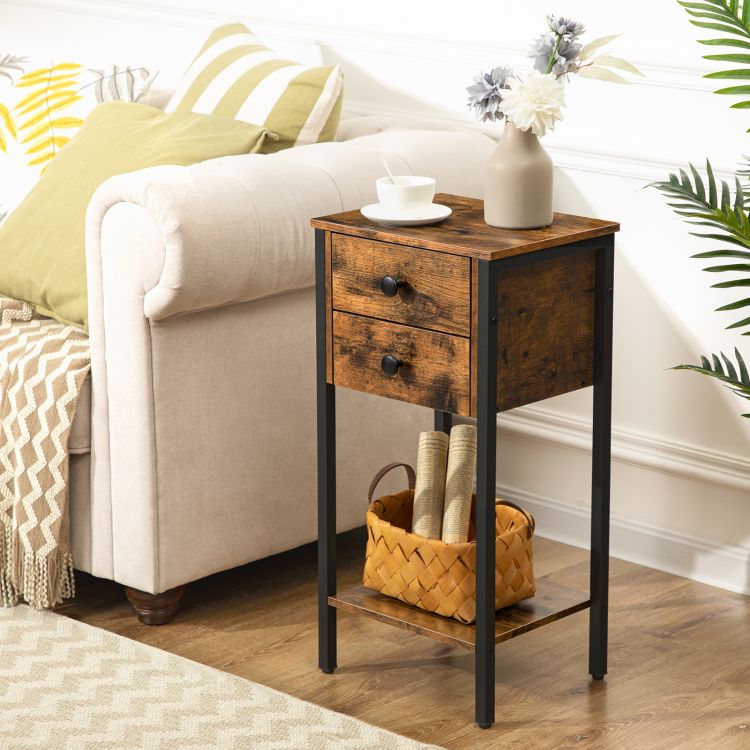 HOOBRO Tall Nightstand, Bedside Table with 2 Drawers and Storage Shelf, Industrial Telephone End Table for Study, Bedroom, Side Table Space Saving, Easy Assembly