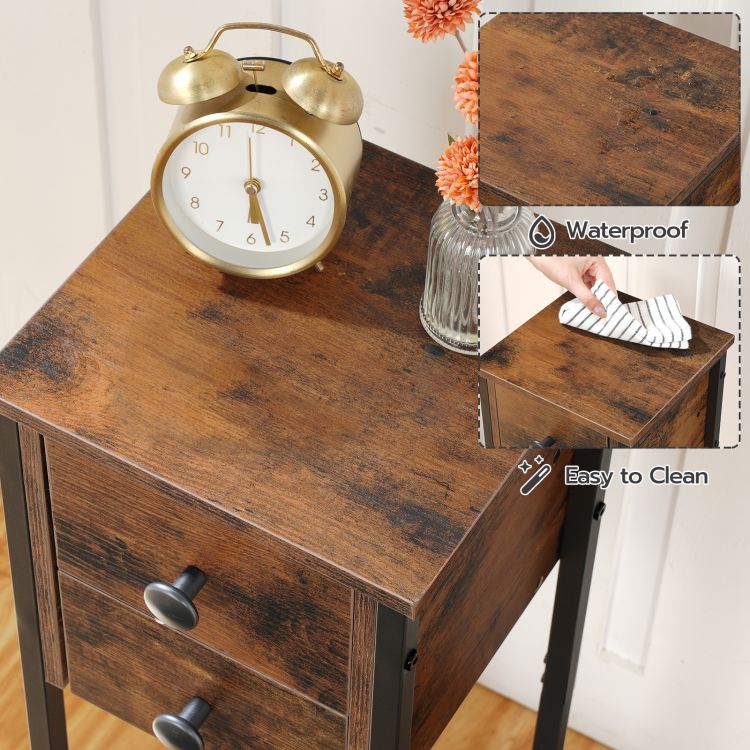 HOOBRO Narrow Bedside Table, Slim Bedside Table Set of 2, Telephone Table with 2 Drawers, Tall Side Table with Metal Frame, Small Nightstand with Open Shelf