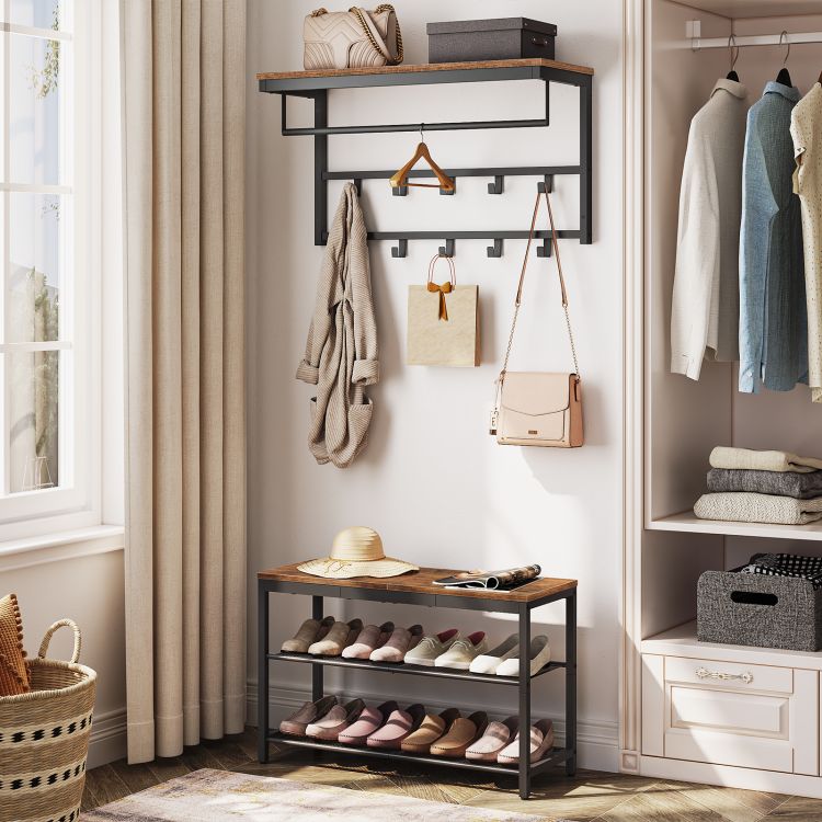 HOOBRO Shoe Bench, 3-Tier Shoe Rack, Industrial Shoe Organizer Storage Bench, 75 CM Entry Bench with Mesh Shelves, for Entryway, Living Room, Hallway, Easy Assembly