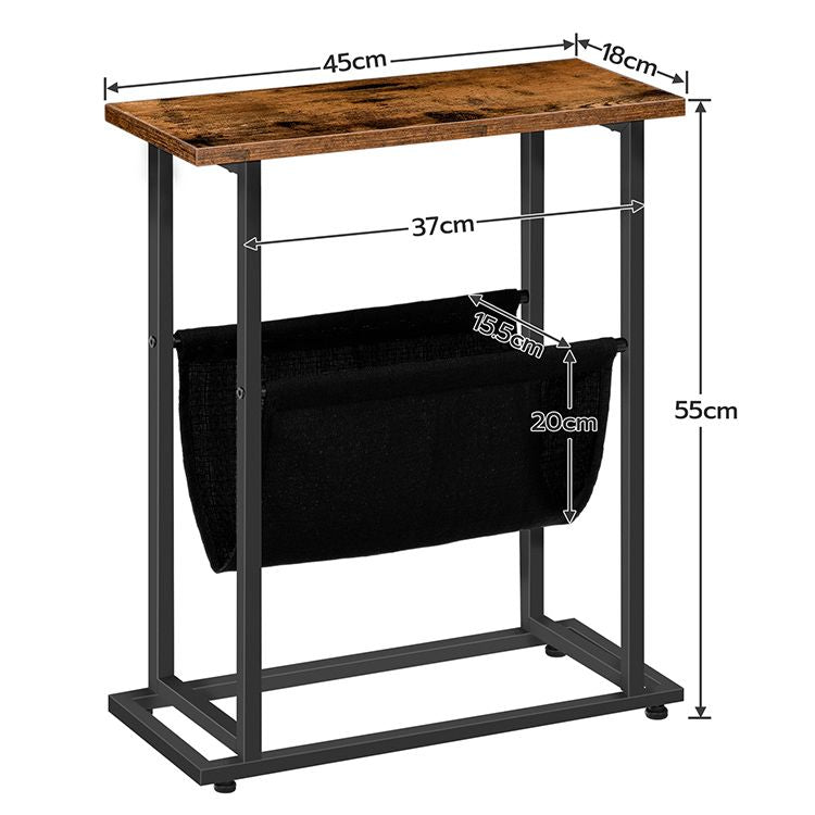 HOOBRO Side Table with Magazine Holder Sling, Narrow End Table, Slim Nightstand for Small Spaces, Wood Look Accent Table with Metal Frame, Industrial, Easy Assembly