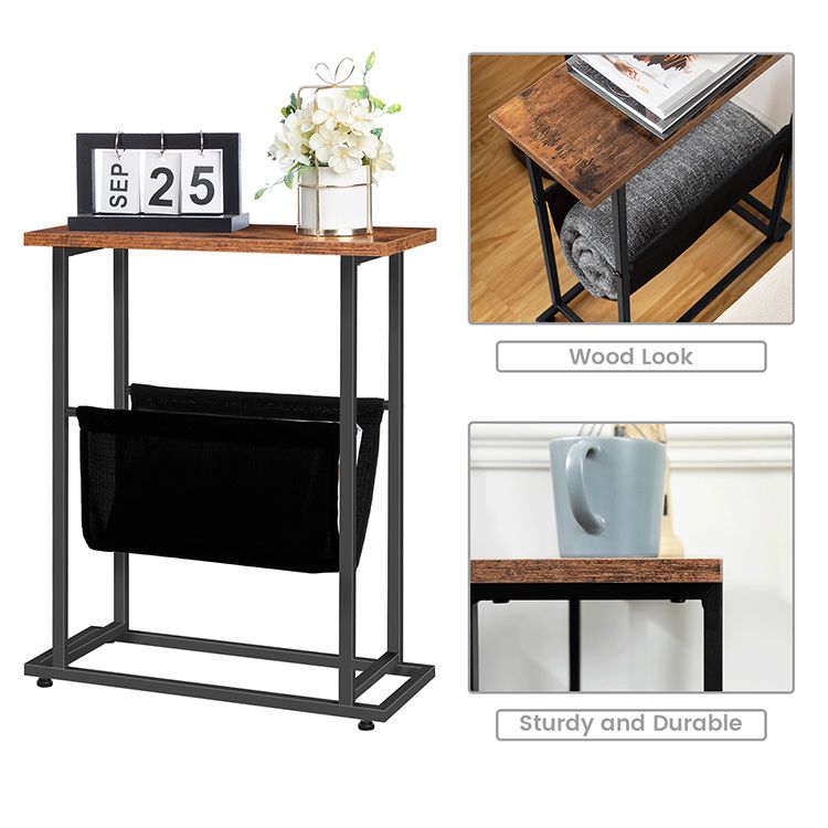 HOOBRO Side Table with Magazine Holder Sling, Narrow End Table, Slim Nightstand for Small Spaces, Wood Look Accent Table with Metal Frame, Industrial, Easy Assembly