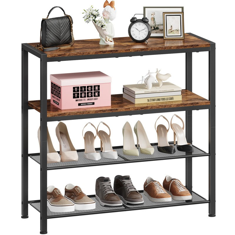 HOOBRO Shoe Rack, 4-Tier Shoe Rack, Shoe Storage Organiser with 2 Wooden Shelves & 2 Mesh Layers, Holds 15-20 Pairs, Industrial for Entryway Porch Wardrobe