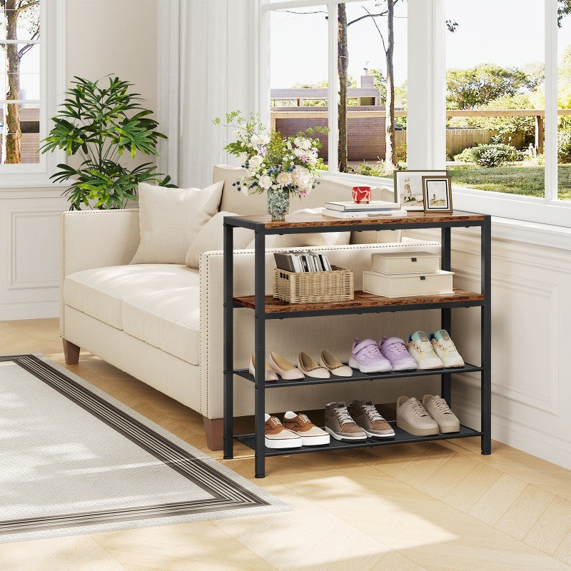 HOOBRO Shoe Rack, 4-Tier Shoe Rack, Shoe Storage Organiser with 2 Wooden Shelves & 2 Mesh Layers, Holds 15-20 Pairs, Industrial for Entryway Porch Wardrobe