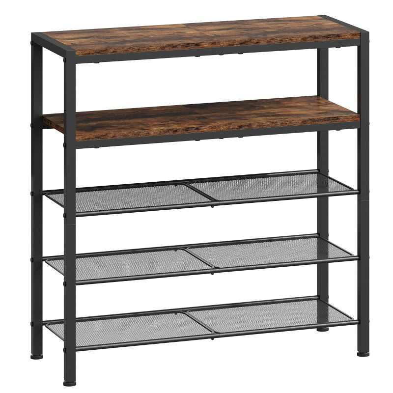 HOOBRO Shoe Rack, 5-Tier Shoe Rack, Shoe Storage Organiser with 2 Wooden Shelves & 2 Mesh Layers, Holds 15-20 Pairs, Industrial for Entryway Porch Wardrobe