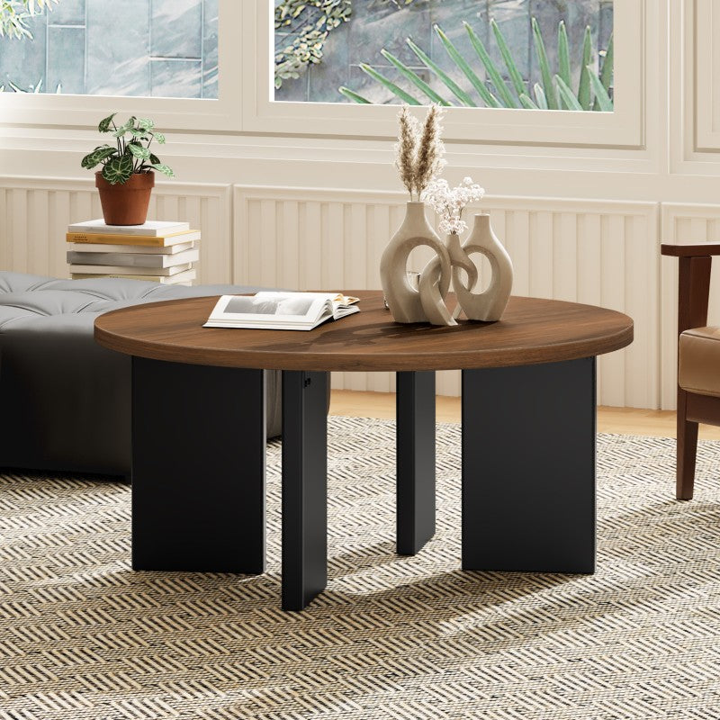 HOOBRO HOOBRO Round Coffee Table, Industrial Tea Table, Wooden Accent Center Table Sofa workspace for living room - top view