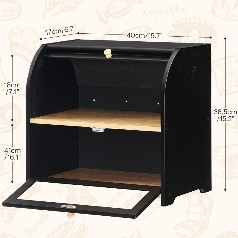 HOOBRO Bread Box, Bamboo Bread Box for Kitchen Countertop, 2 Tier Roll-Top Bread Bin, Food Storage Box, Large Capacity Keeper, Wooden Storage Cabinet, for Kitchen, Dining Room