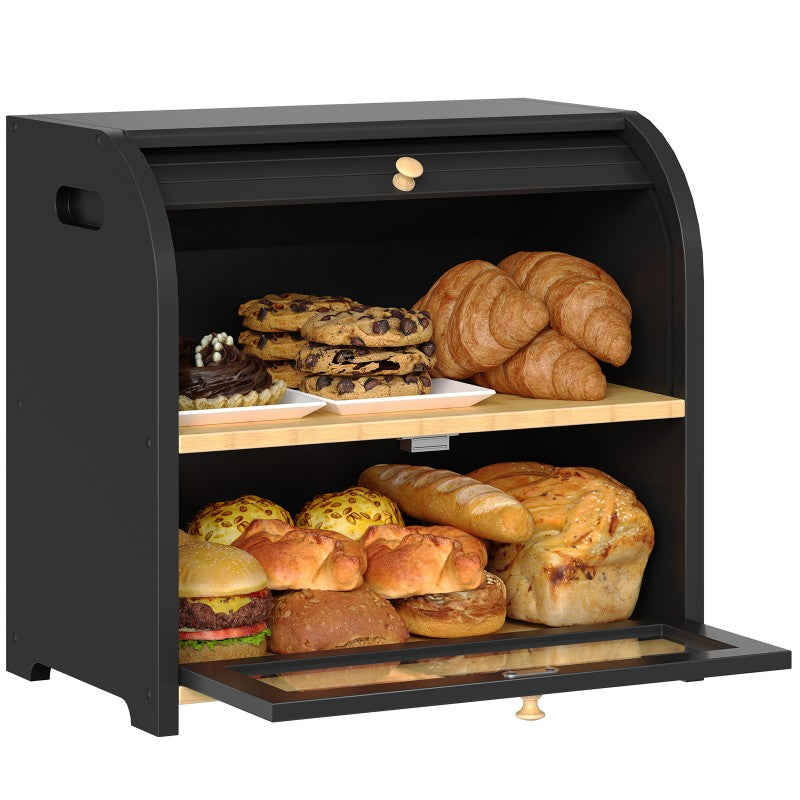 HOOBRO Bread Box, Bamboo Bread Box for Kitchen Countertop, 2 Tier Roll-Top Bread Bin, Food Storage Box, Large Capacity Keeper, Wooden Storage Cabinet, for Kitchen, Dining Room