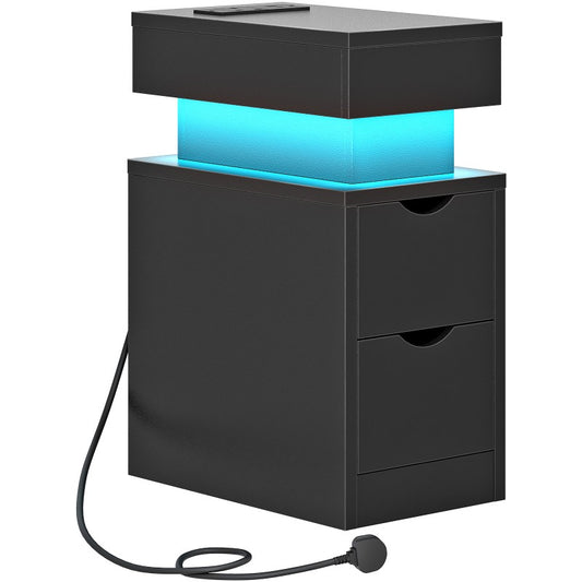 HOOBRO Bedside Table with Charging Station, Slim LED Nightstand with 2 Drawers, Narrow Side Table with Power, for Small Spaces, Bedroom, Living Room