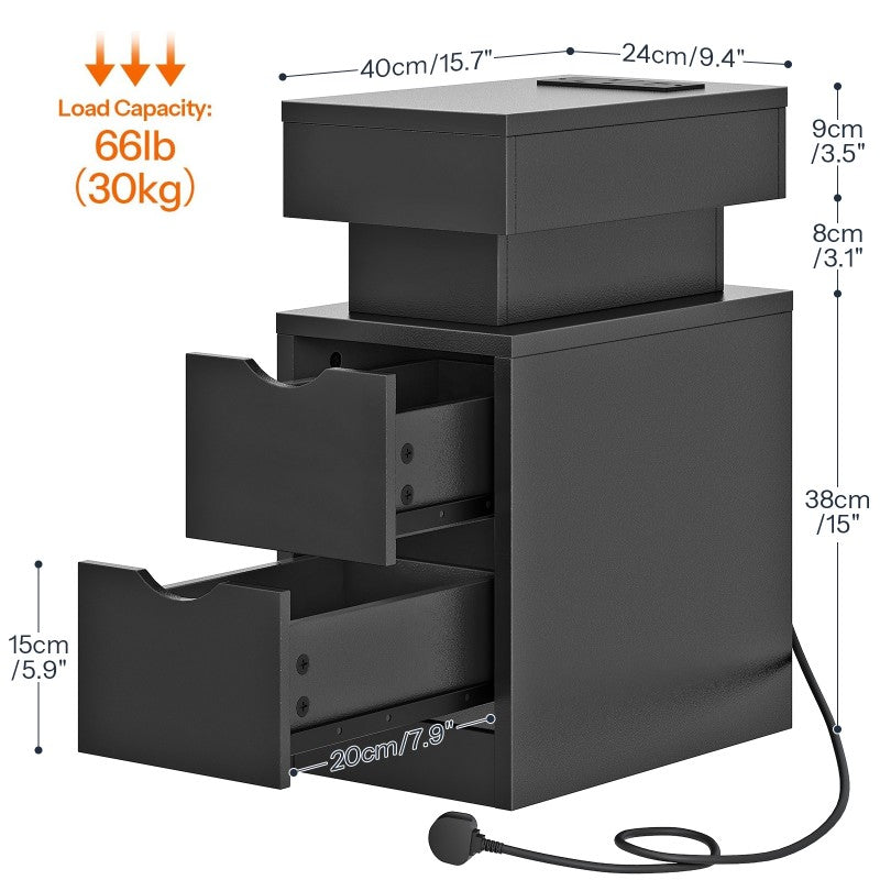 HOOBRO Bedside Table with Charging Station, Slim LED Nightstand with 2 Drawers, Narrow Side Table with Power, for Small Spaces, Bedroom, Living Room