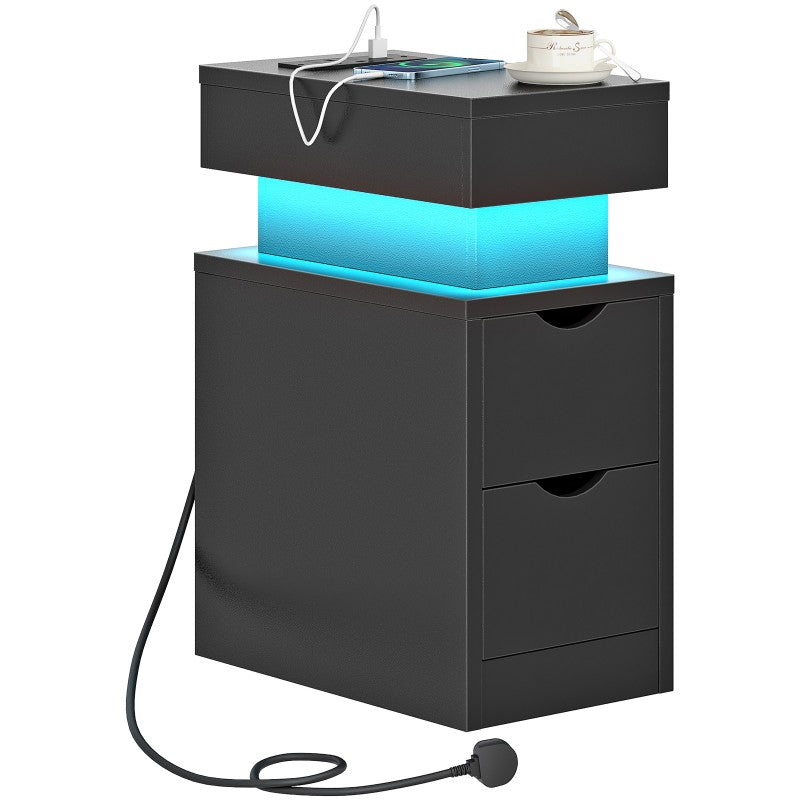 HOOBRO Bedside Table with Charging Station, Slim LED Nightstand with 2 Drawers, Narrow Side Table with Power, for Small Spaces, Bedroom, Living Room