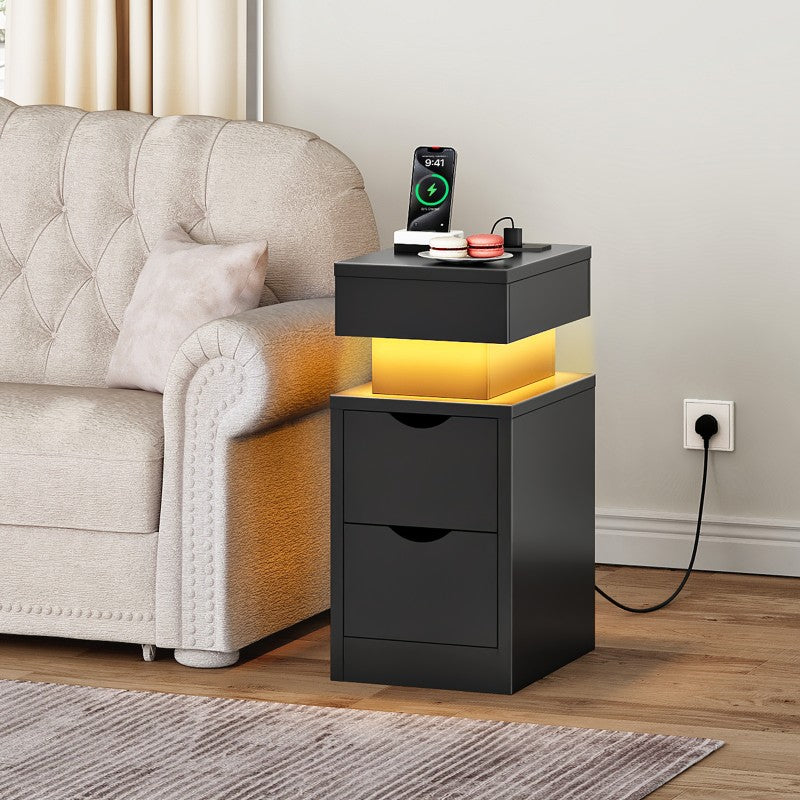 HOOBRO Bedside Table with Charging Station, Slim LED Nightstand with 2 Drawers, Narrow Side Table with Power, for Small Spaces, Bedroom, Living Room