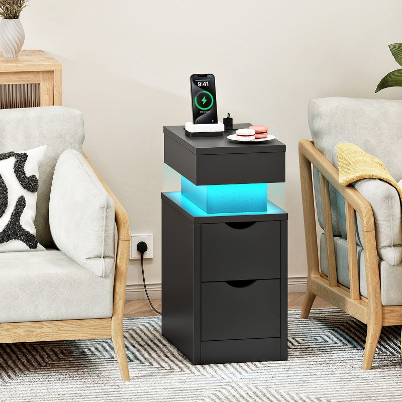 HOOBRO Bedside Table with Charging Station, Slim LED Nightstand with 2 Drawers, Narrow Side Table with Power, for Small Spaces, Bedroom, Living Room