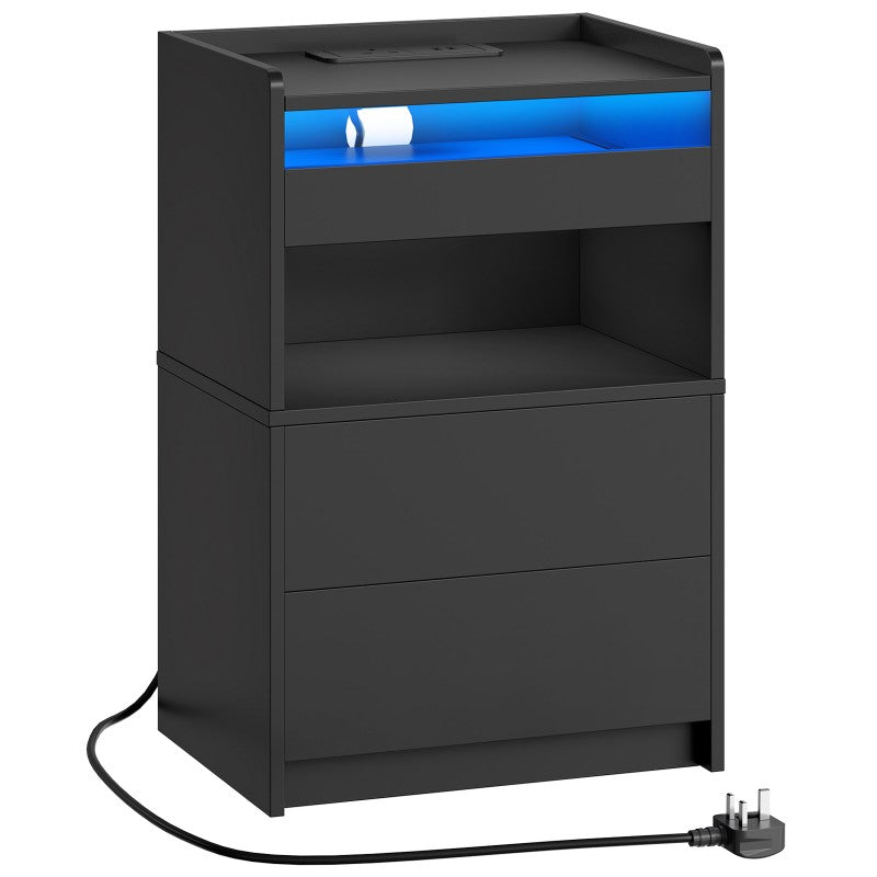 HOOBRO Bedside Table with Charging Station, End Table with 20-Color LED Lights, Nightstand with 1AC Outlet, 2 USB Ports, 3 Drawers for Bedroom, Living Room, Study, Home Office