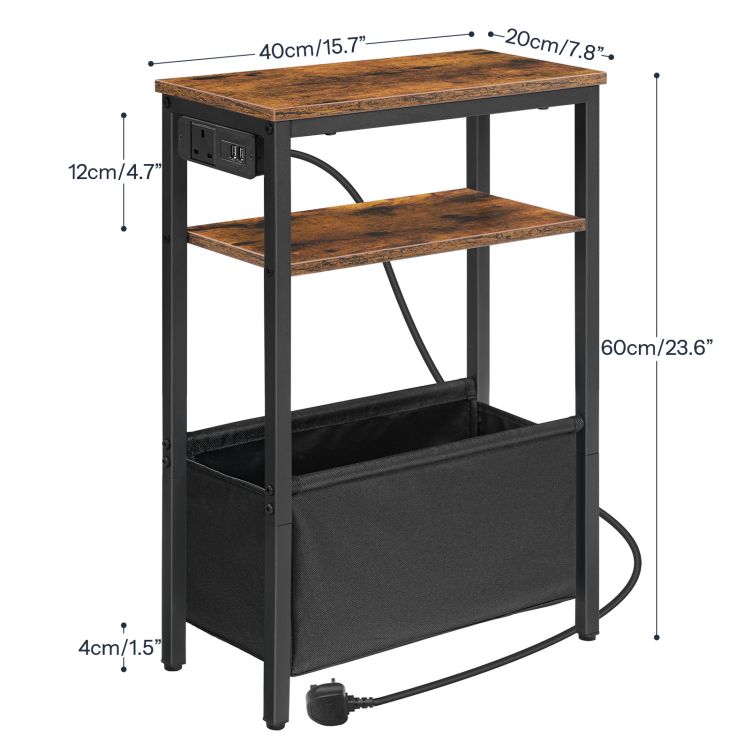 HOOBRO Narrow Side Table, Slim Side Table with Charging Station, USB Ports and Power Outlet, Bedside Table for Small Space, 40 x 20 x 60 cm, for Living Room