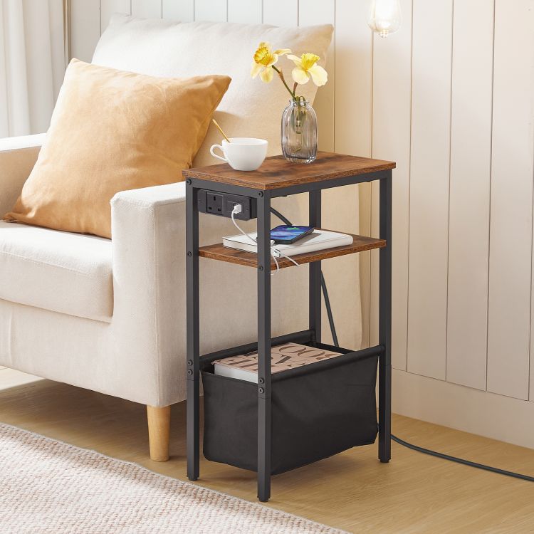 HOOBRO Narrow Side Table, Slim Side Table with Charging Station, USB Ports and Power Outlet, Bedside Table for Small Space, 40 x 20 x 60 cm, for Living Room