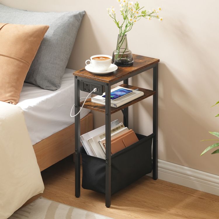 HOOBRO Narrow Side Table, Slim Side Table with Charging Station, USB Ports and Power Outlet, Bedside Table for Small Space, 40 x 20 x 60 cm, for Living Room