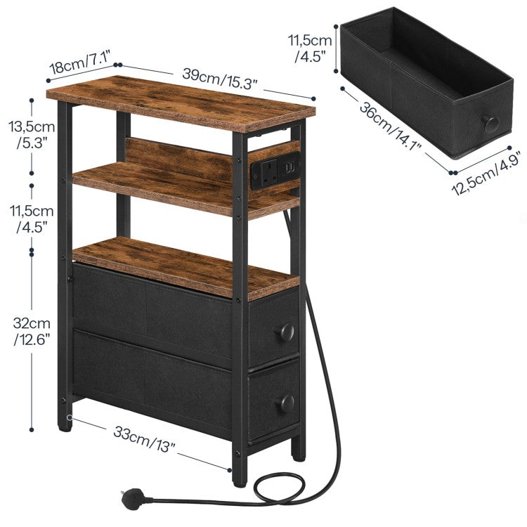HOOBRO Side Table with Charging Station, Narrow Side Table with 2 Non-Woven Drawers, USB Ports and Power Outlet, 40 x 18 x 60 cm Slim Bedside Table for Small Space