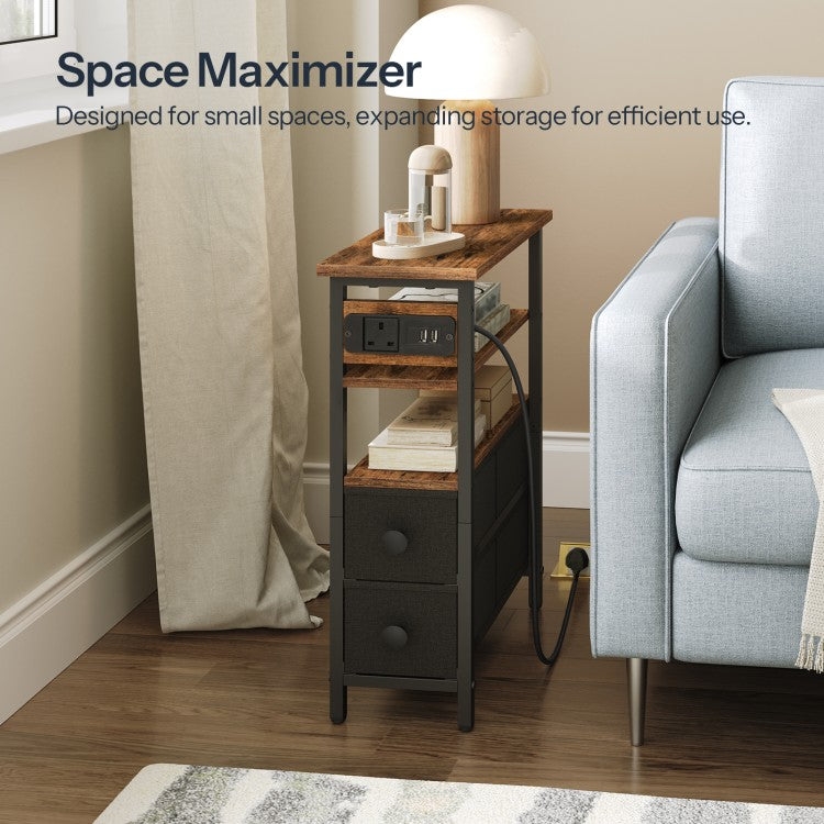 HOOBRO Side Table with Charging Station, Narrow Side Table with 2 Non-Woven Drawers, USB Ports and Power Outlet, 40 x 18 x 60 cm Slim Bedside Table for Small Space