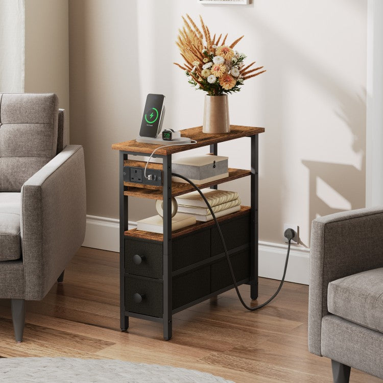 HOOBRO Side Table with Charging Station, Narrow Side Table with 2 Non-Woven Drawers, USB Ports and Power Outlet, 40 x 18 x 60 cm Slim Bedside Table for Small Space