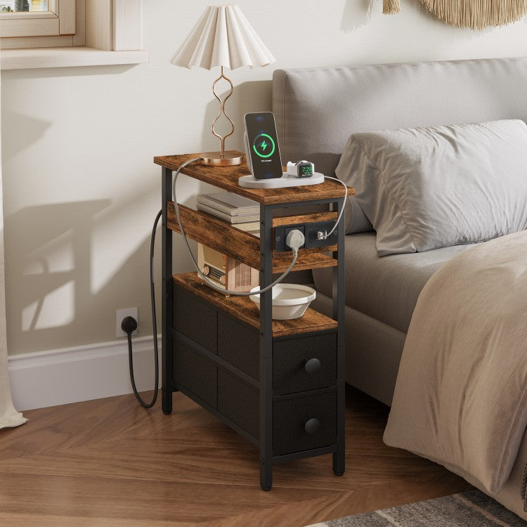 HOOBRO Side Table with Charging Station, Narrow Side Table with 2 Non-Woven Drawers, USB Ports and Power Outlet, 40 x 18 x 60 cm Slim Bedside Table for Small Space