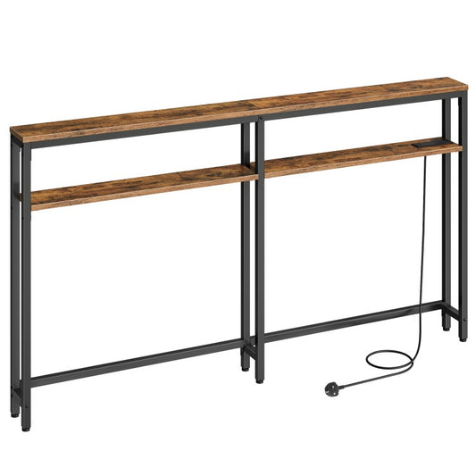 HOOBRO Slim Console Table with Charging Station, 180 cm Long Slim Hallway Table with Adjustable Shelf, 2 Outlets and 2 USB Ports, for Hallway, Entryway, Living Room