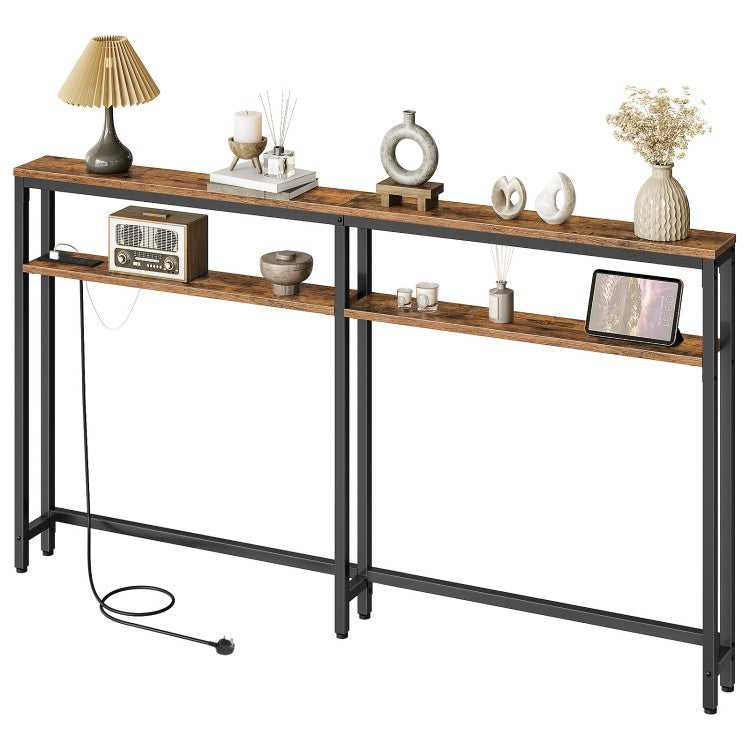 HOOBRO Slim Console Table with Charging Station, 180 cm Long Slim Hallway Table with Adjustable Shelf, 2 Outlets and 2 USB Ports, for Hallway, Entryway, Living Room