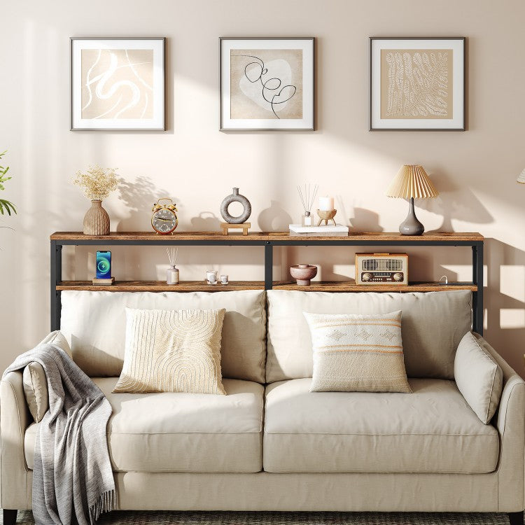 HOOBRO Slim Console Table with Charging Station, 180 cm Long Slim Hallway Table with Adjustable Shelf, 2 Outlets and 2 USB Ports, for Hallway, Entryway, Living Room