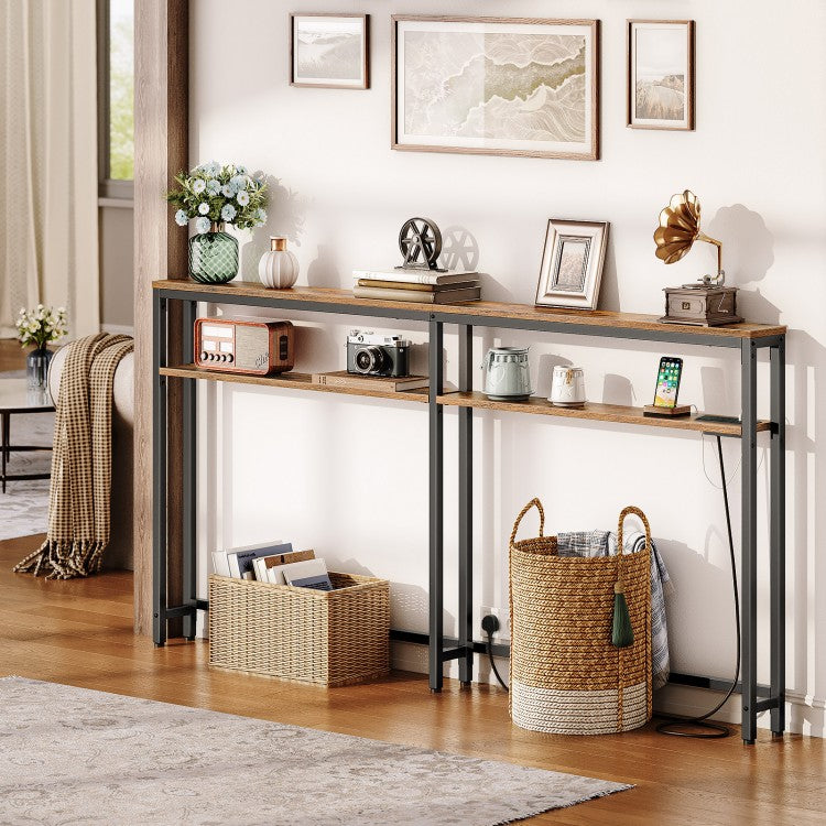 HOOBRO Slim Console Table with Charging Station, 180 cm Long Slim Hallway Table with Adjustable Shelf, 2 Outlets and 2 USB Ports, for Hallway, Entryway, Living Room