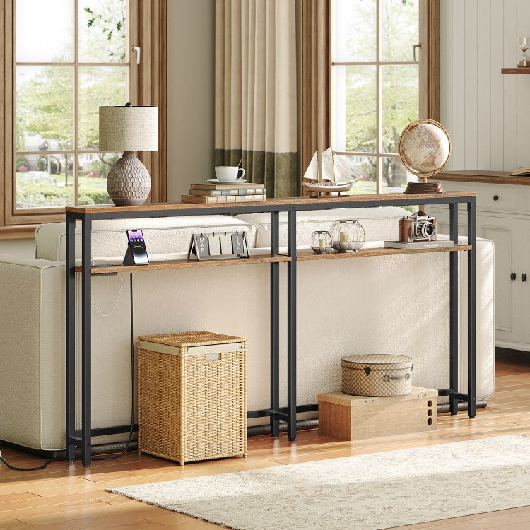 HOOBRO Slim Console Table with Charging Station, 180 cm Long Slim Hallway Table with Adjustable Shelf, 2 Outlets and 2 USB Ports, for Hallway, Entryway, Living Room