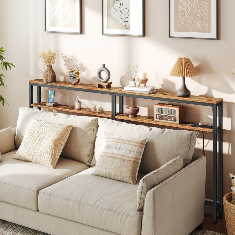 HOOBRO Slim Console Table with Charging Station, 180 cm Long Slim Hallway Table with Adjustable Shelf, 2 Outlets and 2 USB Ports, for Hallway, Entryway, Living Room