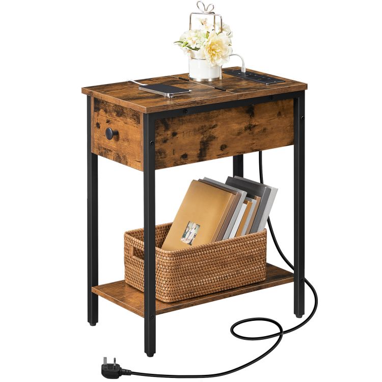 HOOBRO Narrow Side Table, Slim Bedside Table with Charging Station, USB Ports & Power Outlets, Nightstand for Living Room, Bedroom, Flip Top
