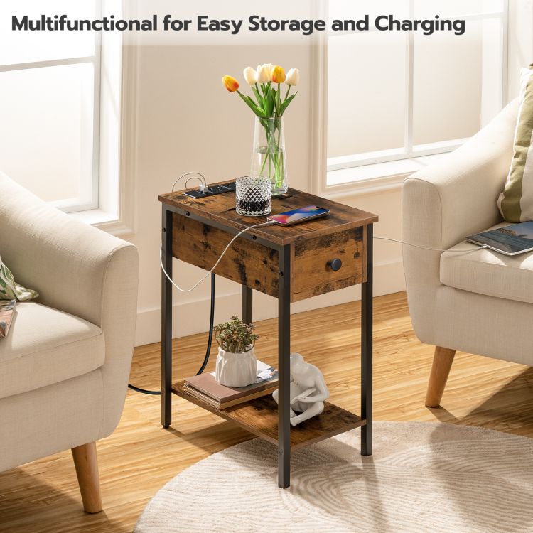 HOOBRO Narrow Side Table, Slim Bedside Table with Charging Station, USB Ports & Power Outlets, Nightstand for Living Room, Bedroom, Flip Top