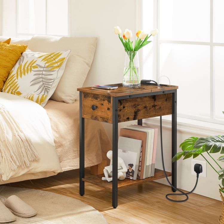 HOOBRO Narrow Side Table, Slim Bedside Table with Charging Station, USB Ports & Power Outlets, Nightstand for Living Room, Bedroom, Flip Top