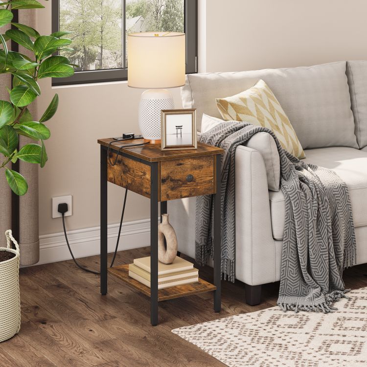 HOOBRO Narrow Side Table, Slim Bedside Table with Charging Station, USB Ports & Power Outlets, Nightstand for Living Room, Bedroom, Flip Top