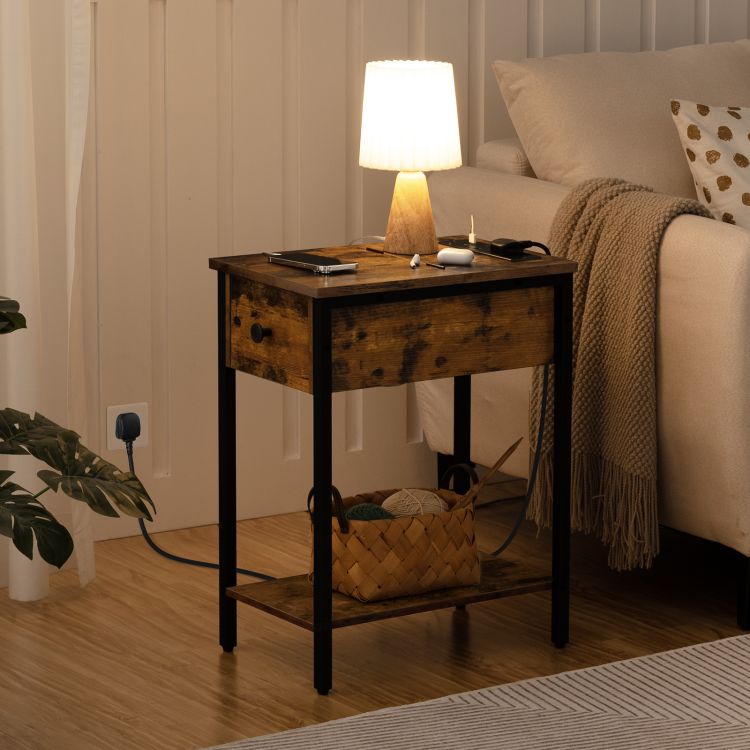 HOOBRO Narrow Side Table, Slim Bedside Table with Charging Station, USB Ports & Power Outlets, Nightstand for Living Room, Bedroom, Flip Top