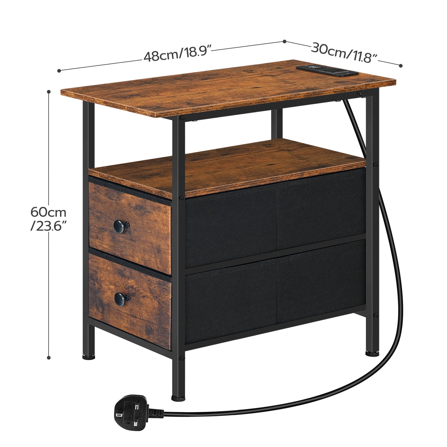 HOOBRO Narrow Bedside Table with Charging Station, with 2 Non-Woven Drawers, Slim Side Table with USB Ports and Power Outlets, Narrow Side Table for Small Spaces
