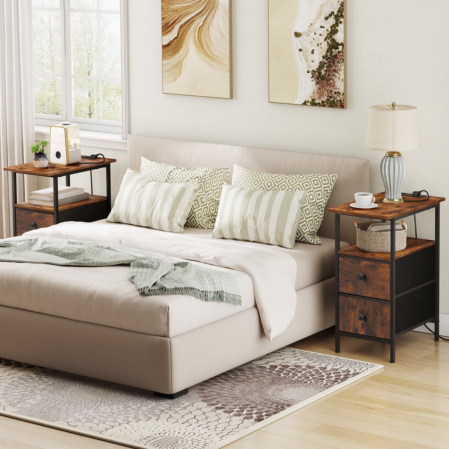 HOOBRO Narrow Bedside Table with Charging Station, with 2 Non-Woven Drawers, Slim Side Table with USB Ports and Power Outlets, Narrow Side Table for Small Spaces