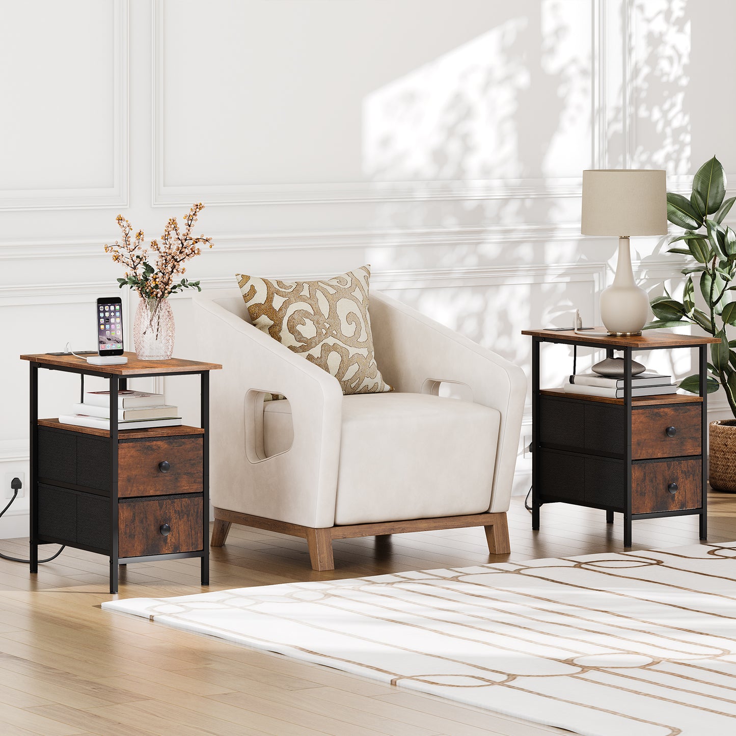 HOOBRO Narrow Bedside Table with Charging Station, with 2 Non-Woven Drawers, Slim Side Table with USB Ports and Power Outlets, Narrow Side Table for Small Spaces